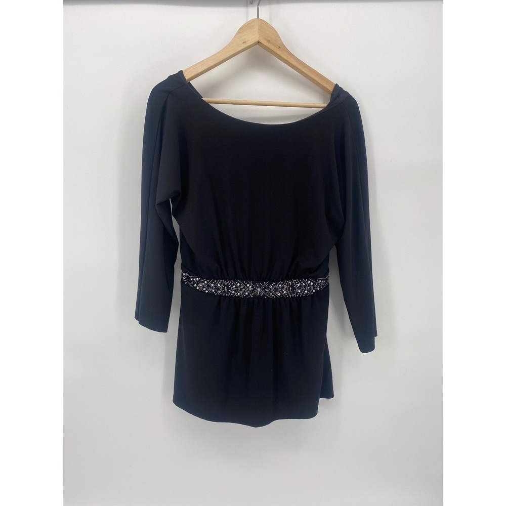 White House Black Market Tunic Women Medium Black Excellent Beaded V-Neck Top